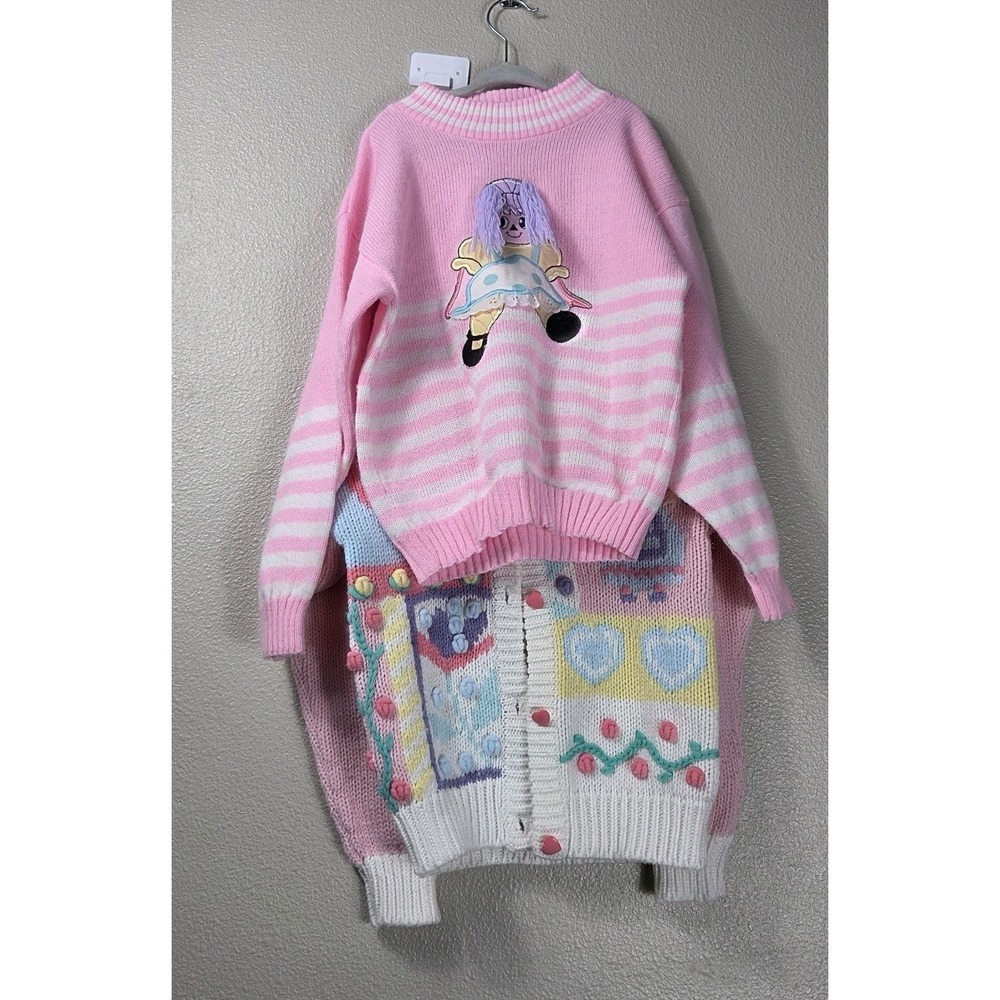 Vintage Knitwaves Pink Striped Sweater & Cardigan Set 3D Rag Doll Cottagecore...